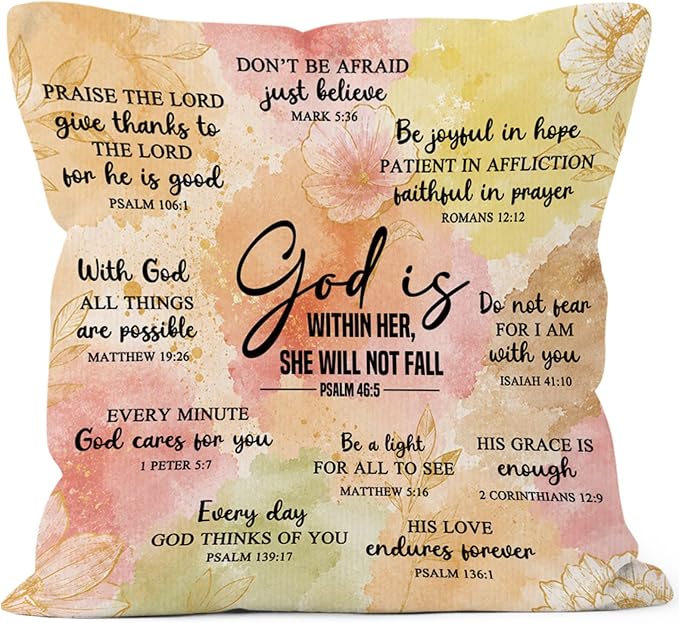 Christian Floral Throw Pillow Cover 18x18, Bible Verse Decor Pillow Cases for Women, God Is Within Her She Will Not Fall Motivational Decorative Square Pillowcases for Home Living Room Bedroom