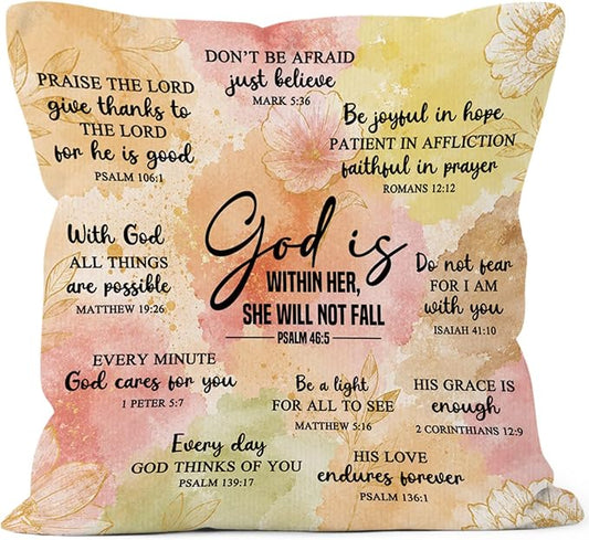 Christian Floral Throw Pillow Cover 18x18, Bible Verse Decor Pillow Cases for Women, God Is Within Her She Will Not Fall Motivational Decorative Square Pillowcases for Home Living Room Bedroom