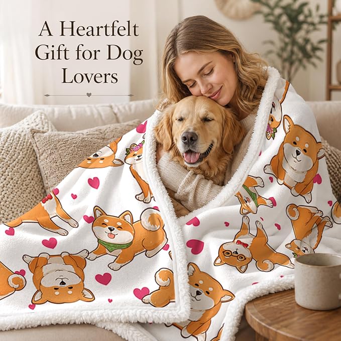 BlessLiving Throw Blanket, White Dog Pink Animal, 50x60 in | sherpa fleece fabric, Shiba Dense Pet Blankets Kawaii Puppy print, for couch or sofa, pet lovers, easy machine care