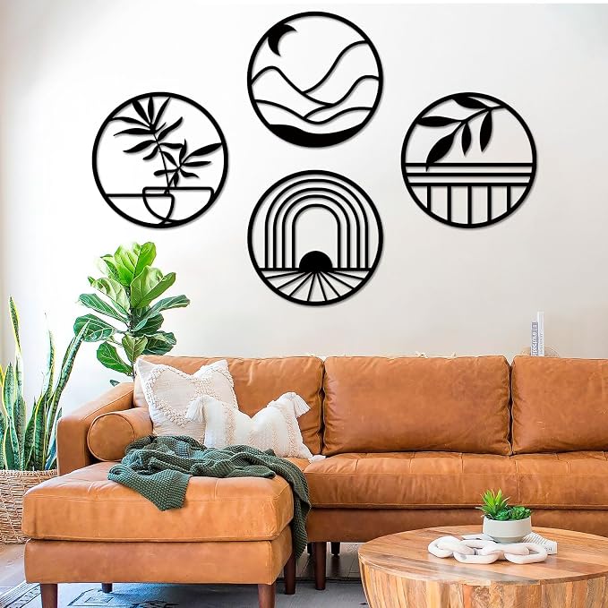 FANTAART 4 Piece Boho Metal Wall Art Black Minimalist Decor | Bohemian Neutral Round Circle Wall Decor Set, Home Decorations for Living Room, Bedroom, Office, Bathroom and Farmhouse