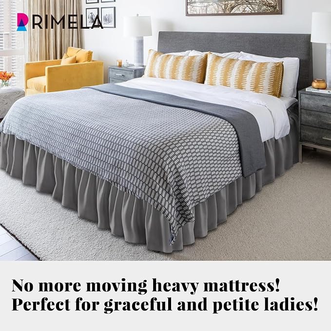 Grey Bed Skirt Queen Size 21 Inch Drop, Elastic Wrap Around Bedskirt | Solid ruffled, Wrap-around/elastic, Wrinkle & Fade resistant, with Adhesive Strips, Gift Packed, Machine Wash/Tumble Dry/Iron