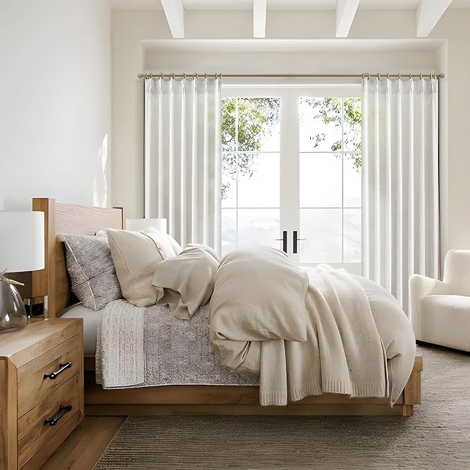 Pinch Pleated Short Sheer Curtains 54 Inch Length for Small Kitchen Windows, Memory Trained Light Filtering Natural Linen Off Beige White Basement Boho Drapes Cottage Core Privacy Curtain 2 Panels Set
