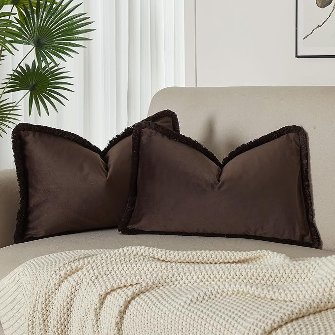 JUSPURBET Pack of 2 Coffee Decorative Fringe Velvet Throw Pillow Covers 16x24 for Home Decor Living Room Bedroom Car Boho Soft Cushion Cover with Hidden Zipper Machine Washable
