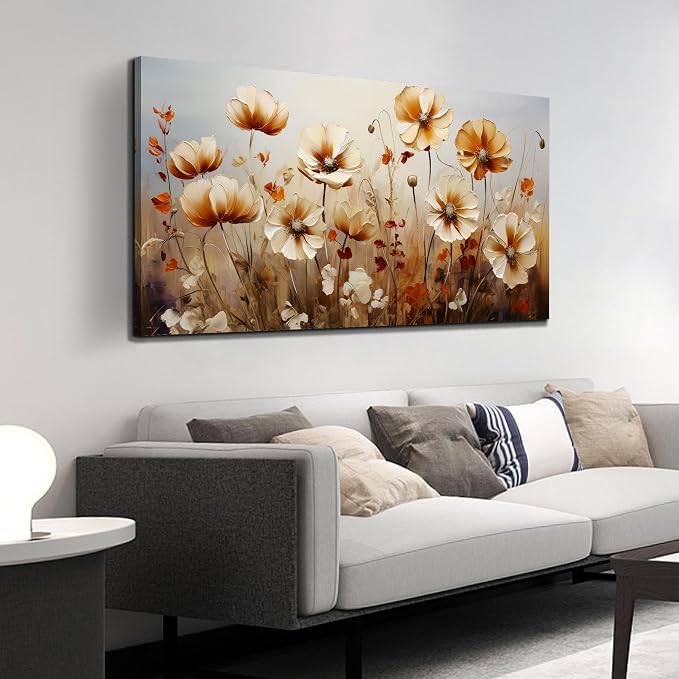 DNIEOTU Flower Canvas Wall Art for Living Room, Floral Wall-Decor for Bedroom, Beige and Brown Picture Prints for Hallway Office, Size 47 x 24 Inches
