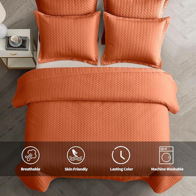 Maple&Stone Brunt Orange Quilt Set King Size, Lightweight Bedspread | Breathable Coverlet with Chevron Pattern, All-Season Dorm Bed Cover Set Bedding Decor 3 Piece