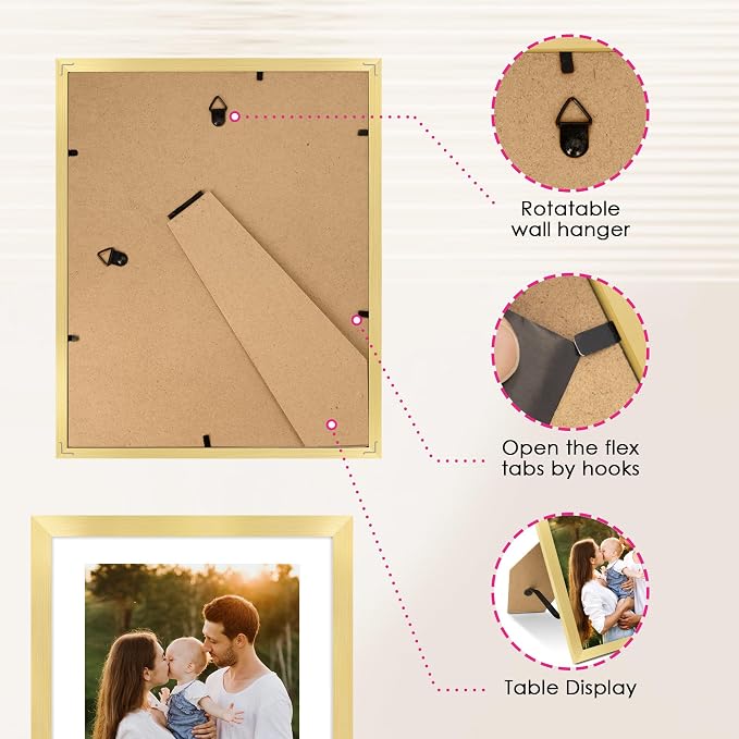 8x10 Picture Frame Bulk-6 Pack, Gold Picture Frames Collage Wall Decor, Wall & Tabletop Picture Frames, Photo Frame with HD Plexiglass, Display Pictures 5x7 with Mat or 8x10 Without Mat