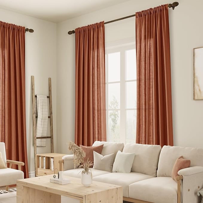 Terracotta Linen Curtains 108 Inch Length for Living Room Bedroom 2 Panels Set Rod Pocket Light Filtering Semi Sheer Window Curtains 52 Inch Width Boho Farmhouse Linen Drapes, W52xL108