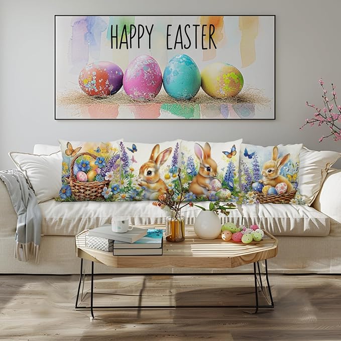 Easter Pillow Covers 18x18 Inch Set of 4 Bunny Eggs Throw Pillow Covers Easter Floral Butterfly Decorative Pillowcase Cushion Case for Home Sofa Living Room Farmhouse Decorations