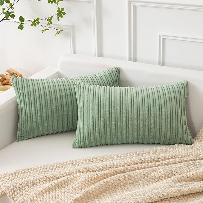 Kevin Textile Striped Corduroy 12”x20” Pillow Covers 2 Pack, Sage Green