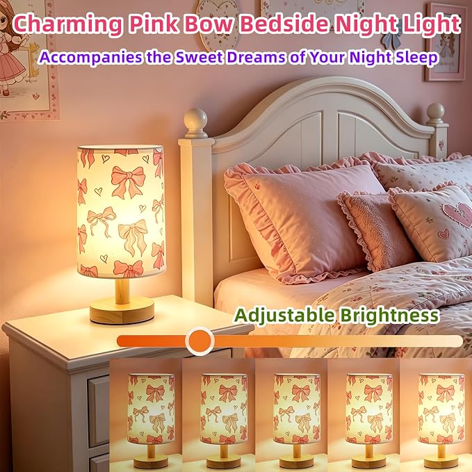 Pink Bow kids Table Lamp Dimmable Small Bedsdie Lamps for Bedroom Decor