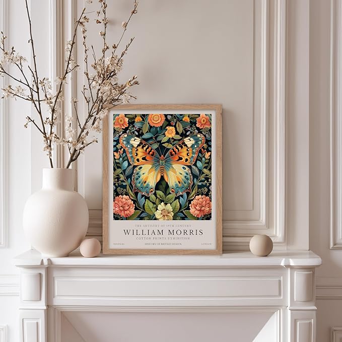 Poster Master William Morris Poster - Butterfly Print - Botanical Art - Flower Art - Exhibition Artwork - Animal Creation - Floral Piece - Aesthetic Illustration - Office or Living Room Decor - 8x10 Beige Framed