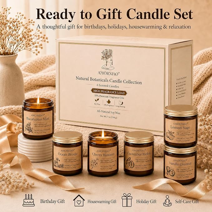6 Pack Scented Candles for Home Scented: 42oz Soy Candles for Women Men | 300H Burning Aromatherapy Candle Set, Jar Candle Gift Set for Birthday, Scents of Eucalyptus/Sage/Cherry/Ocean/Melon/Vanilla