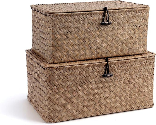 Nonam Wicker Storage Basket with Lid,Seagrass Shelf Basket Set of 2,Coffee | Wicker Basket Container for Organizing, Boho Decorative Basket, Rectangular Household Storage Boxes for Home Organization