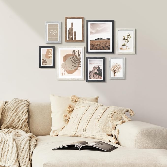 Gallery Wall Frame Set, 8 Pack Neutral Wall Decor, Multi-Color | Farmhouse Collage Picture Frames Wall Art for Living Room, Entryway, Stairway, Bedroom, Assorted Size