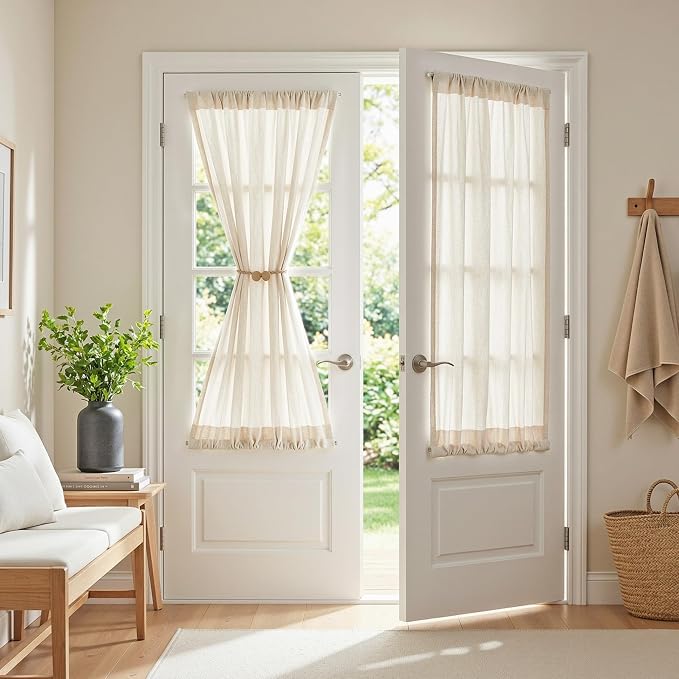 MYSKY HOME Linen French Door Curtains for Door Window 40 Inch Length 2 Panels Semi Sheer Light Filtering Curtain for Glass Small Window Drapes Rod Pocket for Bedroom Bathroom, Natural Linen, 26" Wide