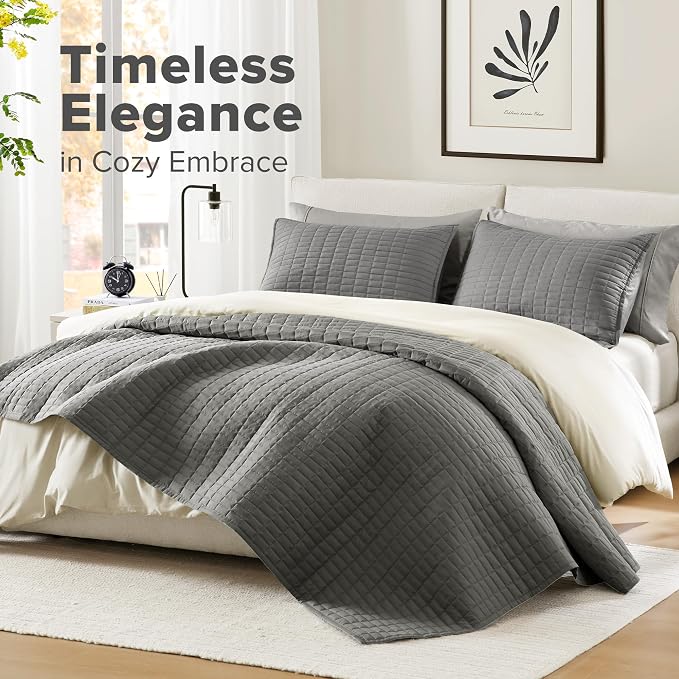 Comfort Spaces Oversized Bedspread Queen Quilt Set 3P 102x 118 Charcoal | Coverlet for Summer Soft Cozy Lightweight All Season Quilted Extra Layer with Matching Sham, Bedroom Decor OEKO-TEX Certified