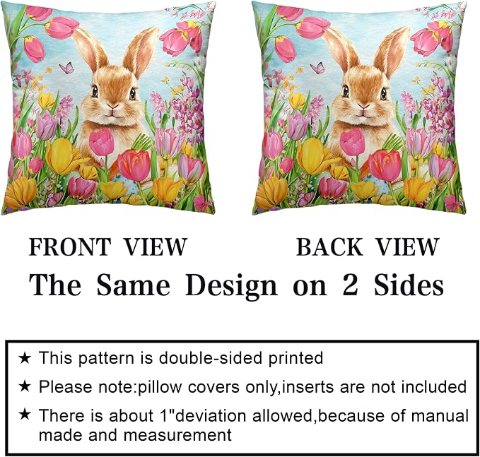 Easter Bunny Pillow Covers 20x20 Set of 2 Lovely Rabbit with Tulip Throw Pillow Covers Spring Pillow Case Floral Cotton Blend Cushion Case for Easter Decor Sofa Patio Garden