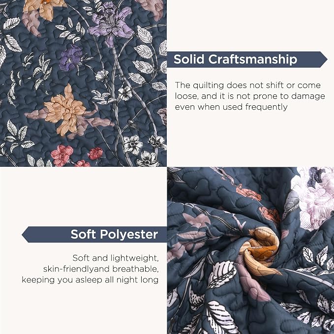 Litanika Floral Dark Blue Quilt - 3Pcs Botanical Birds Bedding Set | California King Bedspread Summer Lightweight Soft Coverlet with Pink Flower for All Seasons (112"x104")