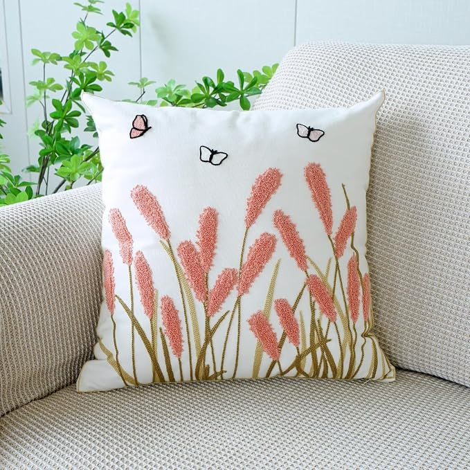 vctops Farmhouse Pampas Grass Cotton Tufted Throw Pillow Cover Boho Embroidery Pillowcase Soft Square Cushion Case for Sofa Couch Bed Chair (Dark Pink,18"x18")