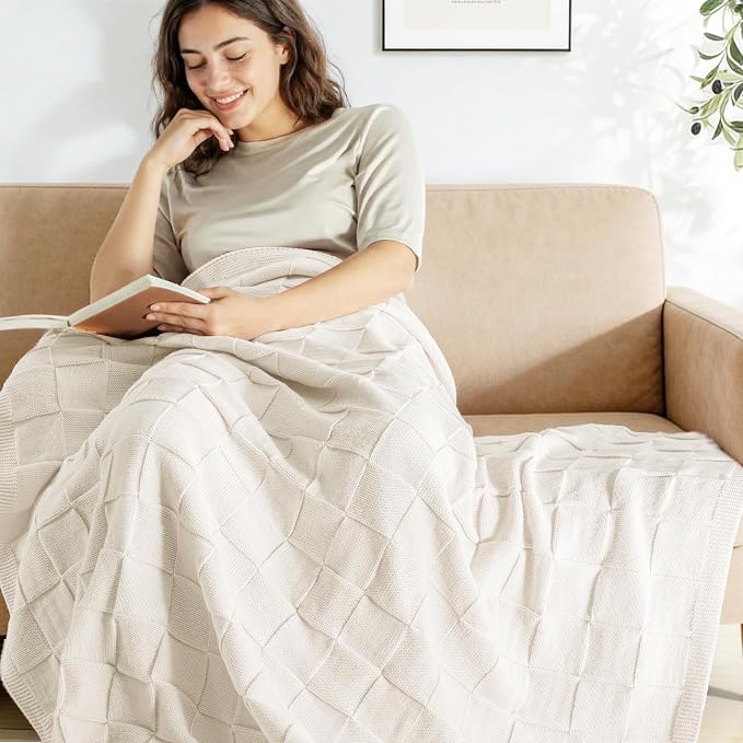 Whale Flotilla Checkered Knit Throw Blanket for Couch, Ivory | Soft Decorative Knitted Blankets for Couch Sofa Bed, Lightweight Cozy Throws for Spring Summer, 50x60 Inch