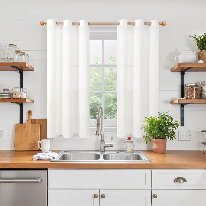 YoungsTex White Linen Semi Sheer Curtains 45 Inches Length for Kitchen Window, Short Light Filtering Drapes with Grommet Lightweight for Bedroom Cafe Bathroom, 2 Panels, 42 X 45 Inch