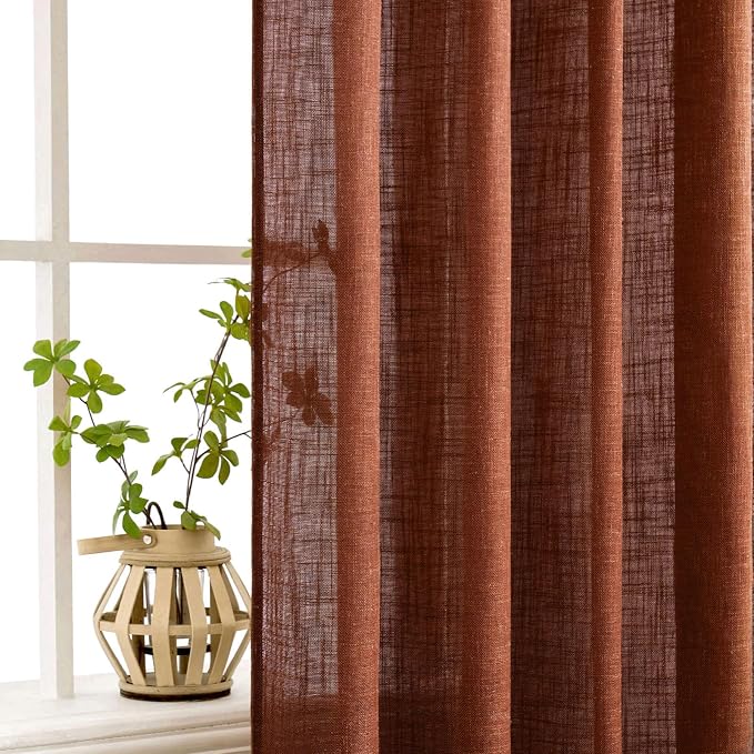 MIULEE Burnt Orange Fall Linen Curtains 52x45 Inch 2 Panels for Bedroom | Short,Soft Thick Linen Textured Basement Bathroom Kitchen Window Drapes, Semi Sheer Light Filtering, Back Tab, Fall Decor