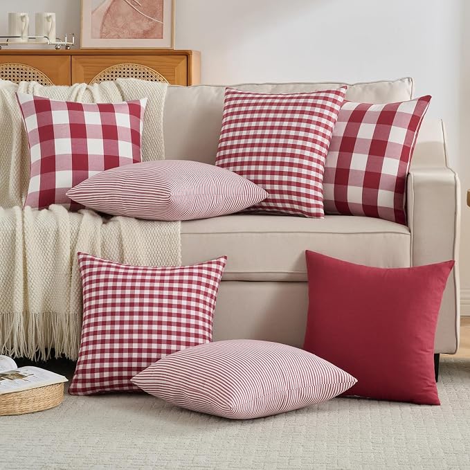 Red and White Buffalo Check Plaid Outdoor Throw Pillow Cover 18x18 Set of 2 | Soft Red Couch Pillow Covers 18 x 18, Red and White Buffalo Plaid Christmas Pillow Covers Set of 2, Outdoor Porch Pillows