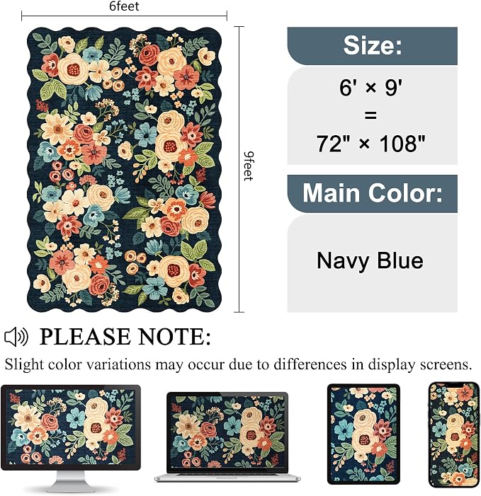 DUKINO 6x9 Area Rugs, Floral Washable Living Room Rug Non Slip, Navy Blue | Low Pile, Stain Resistant Throw Rug Runner for Entryway, Bedroom, Bathroom, Laundry, Pet Friendly, Modern Home Decor