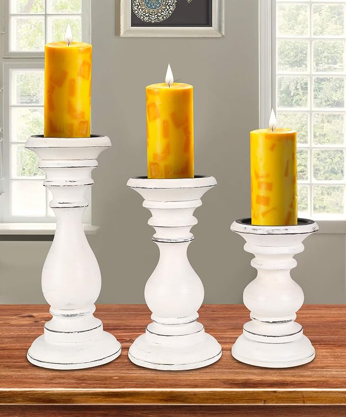 Decorative Wooden Candle Holders Set of 3, White Antique Mango Wood Pillar Candle Stands for Farmhouse Home Décor, Rustic Table Centerpiece for Wedding, Dining Table & Living Room, 10", 8" & 6" Tall