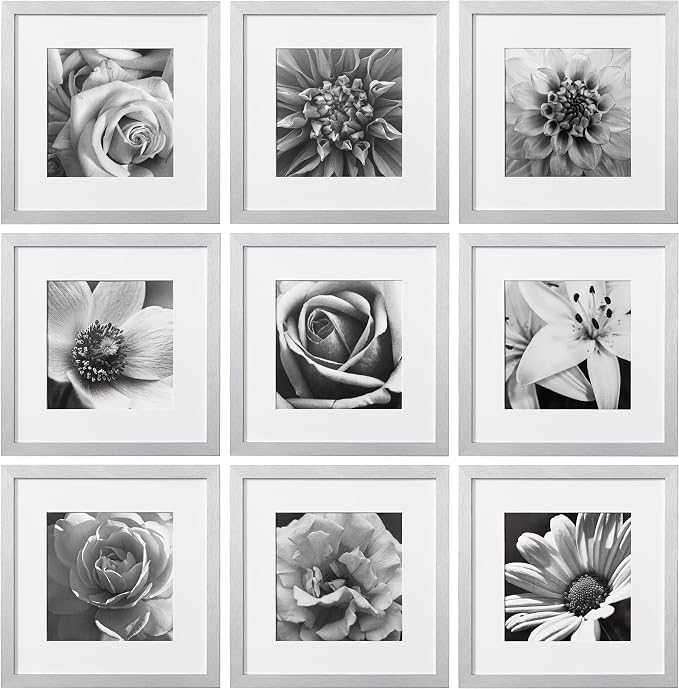 eletecpro Picture Frames Set of 9, 12x12 in, Acrylic Cover, Silver | Display Photo 8x8 with Mat or 12x12 without, Square Gallery Collage, Wall Mount, Minimalist Home Decor, Engineered Wood