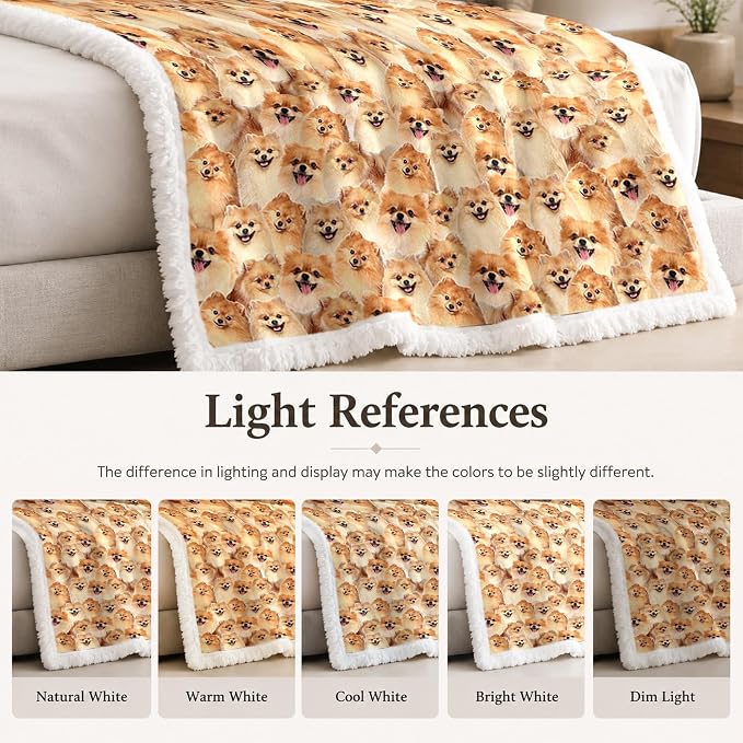 BlessLiving Throw Blanket, Dog Animal Gift, 60x80 in | sherpa fleece fabric, Pomeranian Golden Dense Pet Blankets Puppy print, for couch or sofa, pet lovers, easy machine care