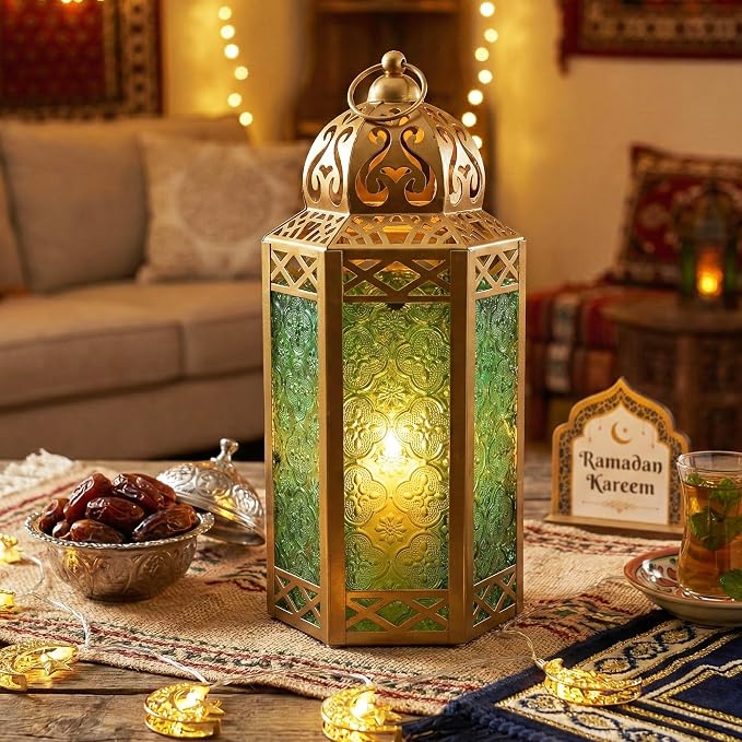 Vela Lanterns 12" Metal Moroccan Decorative Candle Lantern Holders for Hanging or Table, Indoor Home Decor, Outdoor Patio or Porch, Weddings, Gold, Green Glass, Large