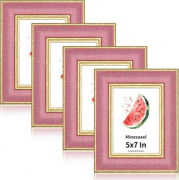5x7 Picture Frame - Soft Pink Fabric & Vintage Gold Border HD Real Glass with Easel for Tabletop/Wall (Family Photos, Nursery Decor 4 Pack)