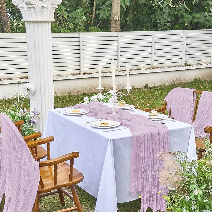 IVAPUPU Purple Table Runner 120 Inch for Wedding Birthday Party Home Decor | 4 Pcs Boho Gauze 10FT Cheesecloth Table Runners for Baby Shower Decorations Summer Garden Farmhouse