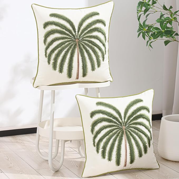 LUOYEHK Summer Embroidered Throw Pillow Covers 18x18 Inch Set of 2 Green Tropical Palm Tree Pillow Cover Spring Farmhouse Decorative Pillowcase Square Cushion Covers for Couch Sofa Bed Home Decor