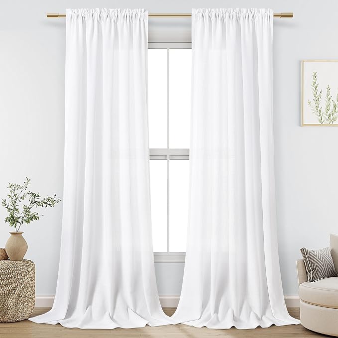 White Linen Curtains 108 Inch Length for Living Room Bedroom 2 Panels Set Rod Pocket Light Filtering Semi Sheer Window Curtains 52 Inch Width Boho Farmhouse Linen Drapes, W52xL108
