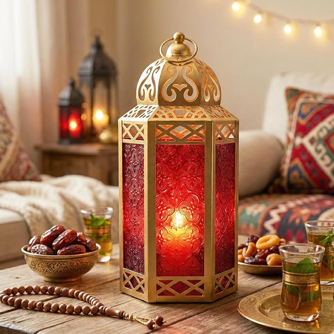 Vela Lanterns 12" Metal Moroccan Decorative Candle Lantern Holders for Hanging or Table, Indoor Home Decor, Outdoor Patio or Porch, Weddings, Gold, Red Glass, Large