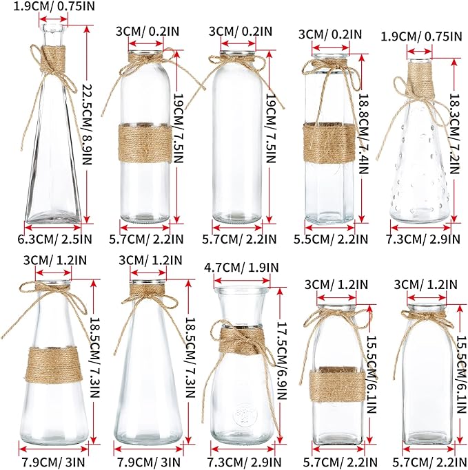 MDLUU Clear Glass Bud Vase in Bulk, 10Pcs Assorted Decorative Glass Bottles with Rope, Different Sizes Vintage Jar for Wedding Centerpiece, Party, Reception Table, Home Decor