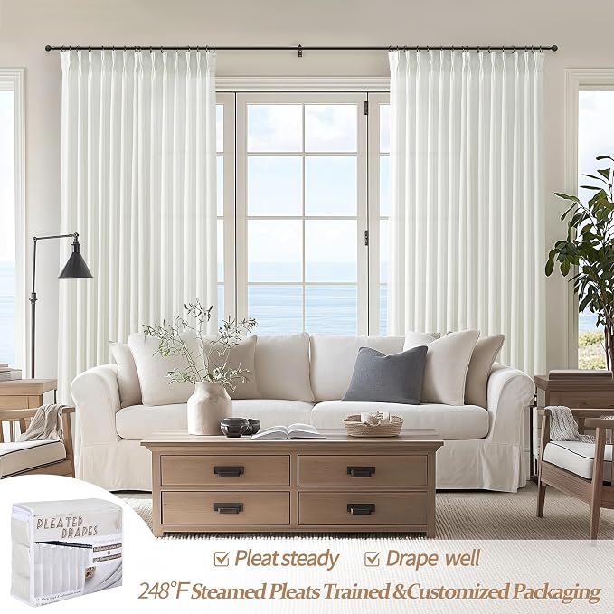 Extra Long Pinch Pleat Snow White Semi Sheer Curtains 108 Inches Long for Living Room, Luxury Linen Blend Viral Drape Light Filtering Privacy Floor to Ceiling Dining Room Curtain Back Tab Panels 2 Set