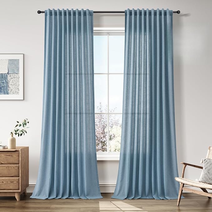 Extra Long Linen Curtains 108 Inches for Living Room Back Tab Semi Sheer High Floor to Ceiling 9ft Light Filtering Curtain Boho Farmhouse Decor Window Drapes for Bedroom 2 Panels Blue