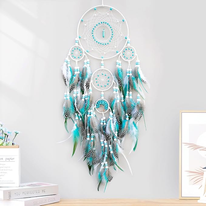 Large Dream Catchers,Boho Handmade Woven Turquoise Dream Catcher Wall Hanging Ornament for Bedroom Living Room Apartment Wedding Party Decor, Festival Blessing Gift (White+Turquoise)