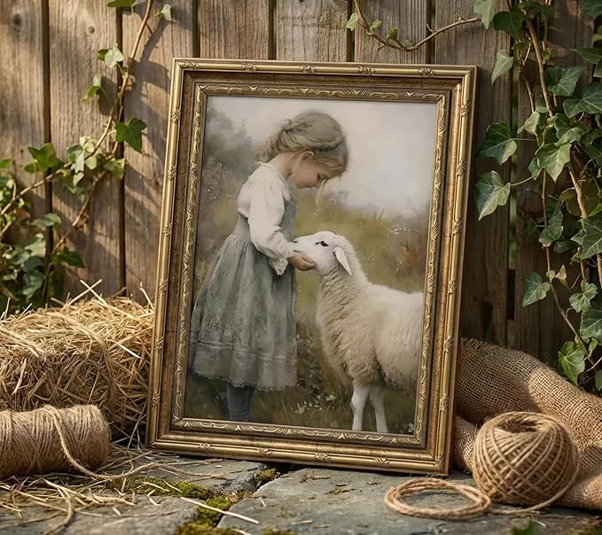 Gold Framed Vintage Aesthetic Girl With Sheep Wall Art Rustic Farmhouse Print Poster Artwork Sheep Cottagecore Wall Decor for Living Room Bedroom Bathroom Decoration 9x11in