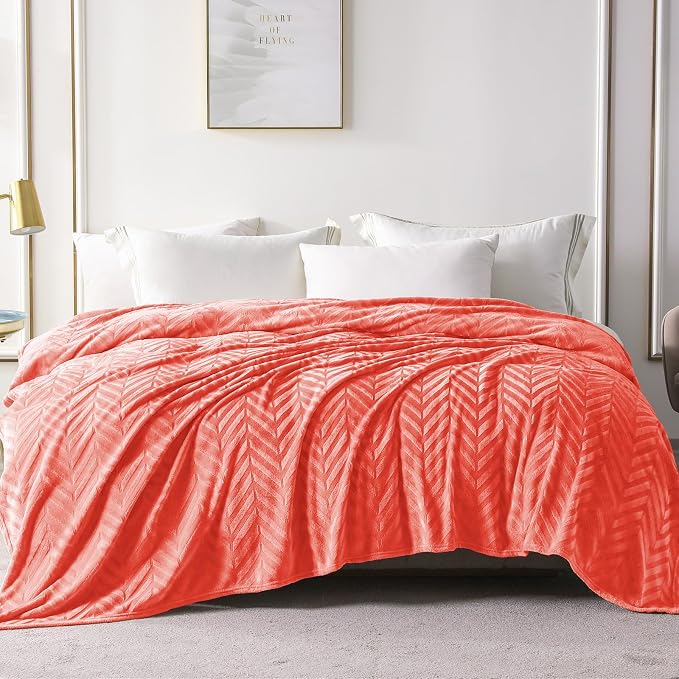 Whale Flotilla Flannel Fleece Bed Blanket King Size, Coral | Lightweight Breathable Soft Bedspread, Plush Fluffy Coverlet Chevron Design Decorative Blanket for All Season, 90x104 Inch
