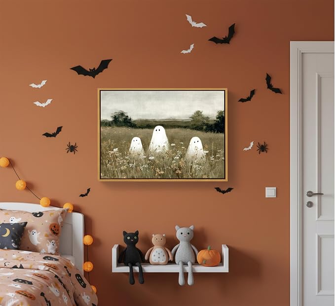Framed-Halloween Ghost Canvas Wall Art-12x16in | Vintage Wildflowers Cute Ghost Picture Poster Print.Halloween Wall Decor for Bedroom Living Room Bathroom