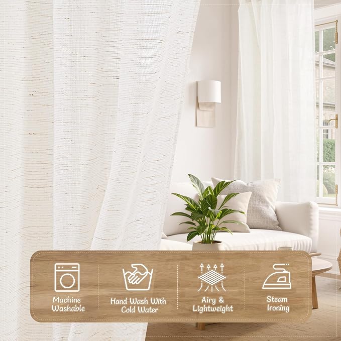 Linen Curtains 40 Inch Length for Kitchen Windows Over Sink | Semi Sheer, Light Filtering, Cream Ivory Drapes, Back Tab Rod Pocket, Panels for Small Windows, Bathroom, 25 x 40 Inch