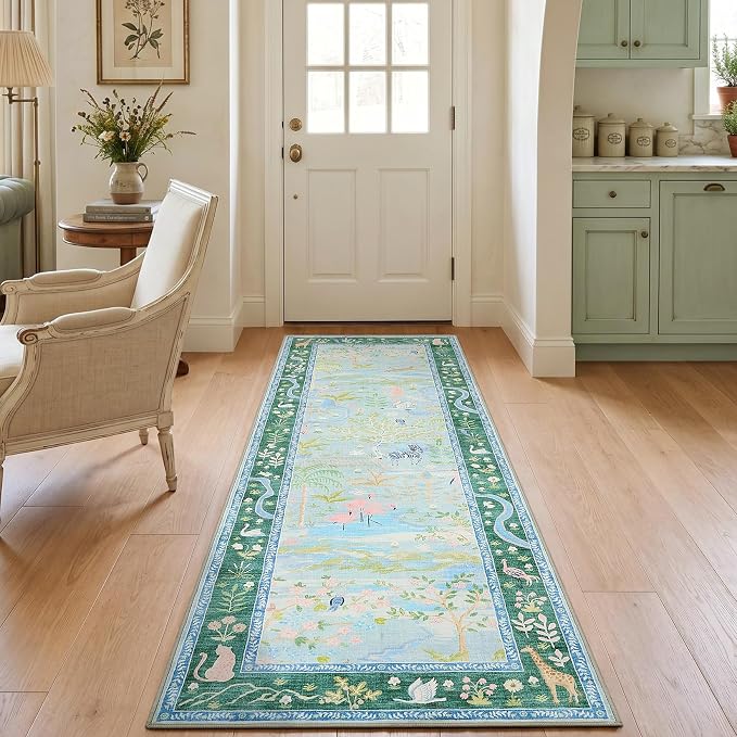 Long Runner Rug for Hallway 2x8 Whimsical Woodland Throw Runner Carpet Non Slip Stain Resistant Nursery Forest Runner Mat Washable Safari Animal Rugs for Living Room Kitchen Bedroom, Teal/Blue