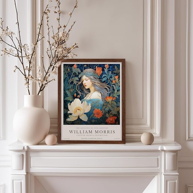Monem Art William Morris Poster - Woman and Flowers Art Print - Lady Art - Floral Design - Flower Illustration - Aesthetic Bedroom or Living Room Decor - 11x14 Brown Framed
