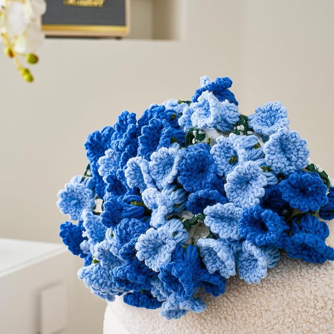 Crochet Flower Bouquet Throw Blanket, Handmade Knitted Blanket with Flowers, Cute Romantic Gift for Her Girlfriend Mom Mother’s Day Valentine Wedding Anniversary Birthday, Blue 40 Inches