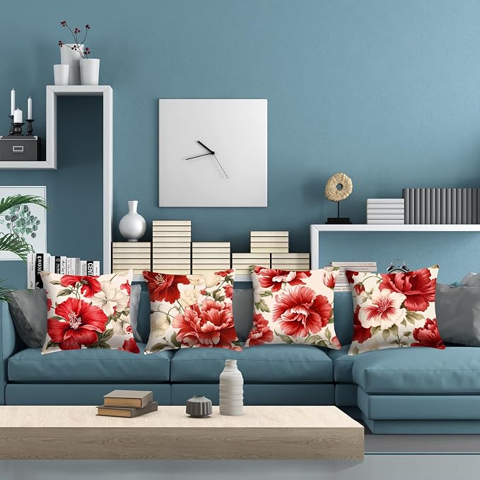 Red Floral Throw Pillow Covers 18x18 inch Set of 4 Hibiscus Flowers Chinoiserie Pillow Cases Spring Decorative Cushion Covers for Sofa Couch Bed