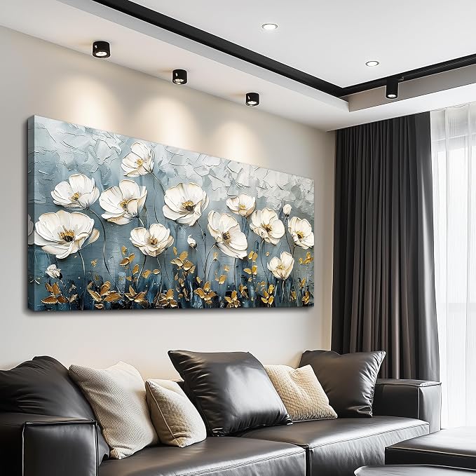 QIYILEXWART Large Wall Decor For Living Room Canvas Wall Art For Office Modern Wall Decorations For Bedroom Textured White Flower Landscape Painting Farmhouse Pictures Artwork Room Home Decor 24x48